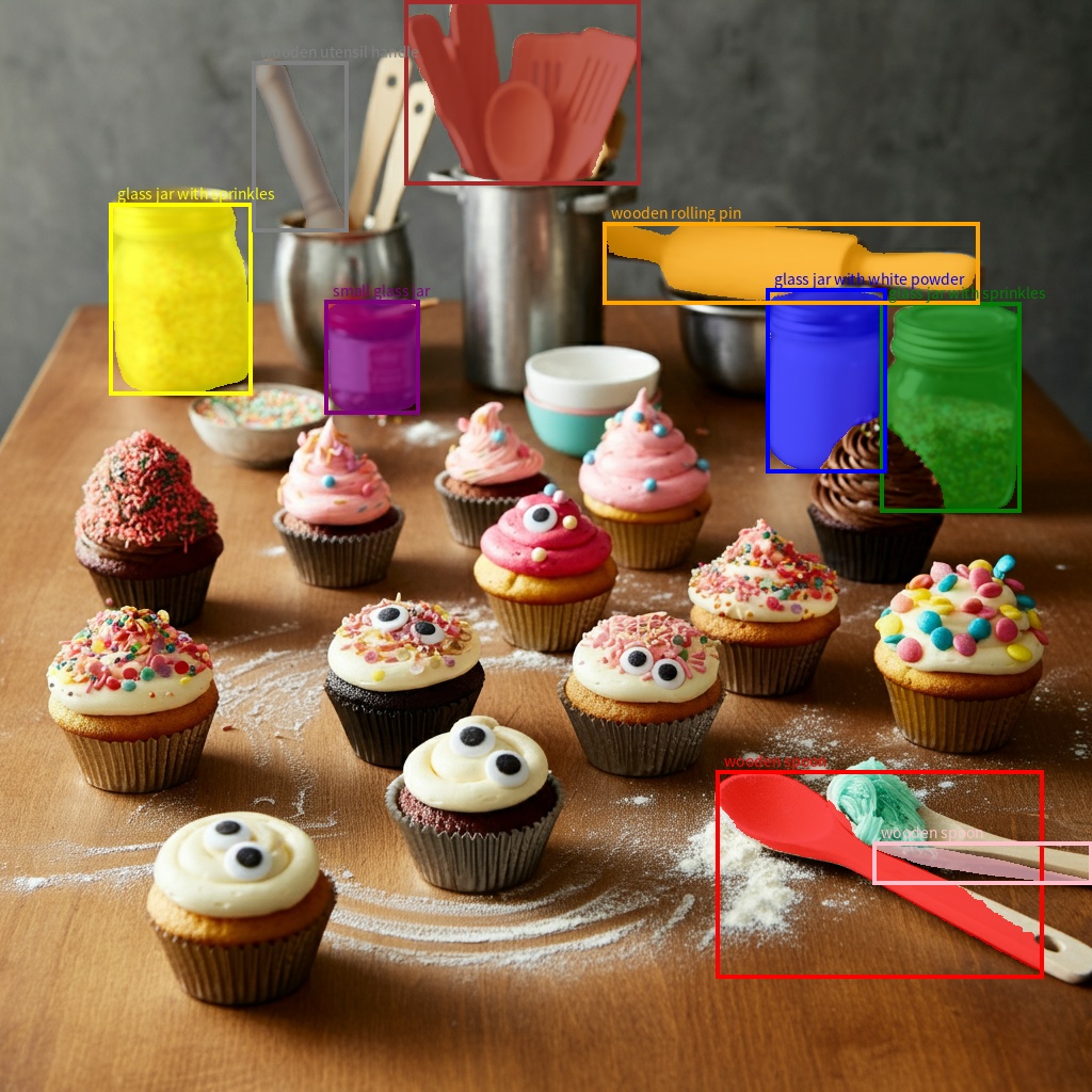 A table with cupcakes, with the wooden and glass objects highlighted